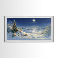 Cargar imagen en el visor de la galería, Christmas Tree on Snowy Beach with Full Moon, Framed Canvas Print, Coastal Christmas Art, Nautical Holiday Decor, Winter Wonderland, Beach
