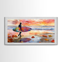 Carregar imagem no visualizador da galeria, Autumn Surfing Sunset Canvas Print | Fall Surf Art Gift | Seasonal Wall Art Decor | Gift Idea | Beach Decor Fall Theme | Framed Canvas Print
