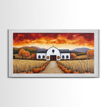 Carregar imagem no visualizador da galeria, Autumn pumpkin farm with barn, canvas print, fall farmhouse decor, rustic autumn home decor, cozy fall harvest wall art for seasonal display
