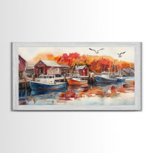 Cargar imagen en el visor de la galería, Fishing boats in harbor with autumn trees, framed canvas print, fall coastal art, rustic nautical decor, perfect gift idea, autumn wall art
