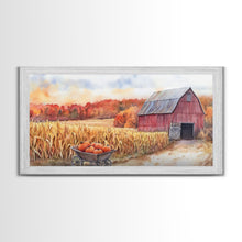 Carregar imagem no visualizador da galeria, Autumn Barn with Pumpkins in Wheelbarrow, Farmhouse Fall Decor, Framed Canvas Print, Seasonal Wall Art, Country Home Decor, Gift Idea
