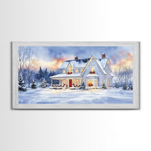 Load image into Gallery viewer, Cozy Winter House with Snowy Landscape, Christmas Decor, Framed Canvas Print, Farmhouse Christmas Decor, Seasonal Wall Art, Gift Idea
