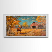 Load image into Gallery viewer, Cowboy Horse Autumn River Framed Canvas Print Perfect Above Sofa Fall Cowboy Art Moody Landscape Fall Western Wall Art
