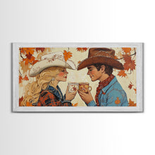 Load image into Gallery viewer, Cowgirl &amp; Cowboy Enjoy Some Hot Chocolate, Art For Couples, Framed Canvas Print, Rustic Farmhouse Home Decor, Wall Art Rustic Decor
