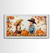 Carregar imagem no visualizador da galeria, Cute Cowboy and Cowgirl In a Pumpkin Patch, Framed Canvas Print, 1950s Style Wall Art, Nursery Decor
