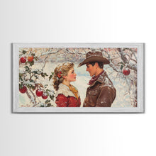 Load image into Gallery viewer, Cowboy and Cowgirl meet under the mistletoe, framed canvas print, cute winter wall art, Christmas home decor, seasonal rustic decor
