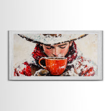 Load image into Gallery viewer, Cowboy in forest with burning fire, deep autumn hues, Framed Canvas Print, moody landscape, fall western art, rustic wall piece, wall decor
