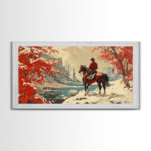 Load image into Gallery viewer, Cowboy resting by campfire under aspen trees with mountains in background, Framed Canvas Print, rustic wall art, warm western decor piece
