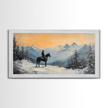 Cargar imagen en el visor de la galería, Female cowboy in fall forest, Framed Canvas Print, captivating Western portrait in autumn scenery, art piece seasonal farmhouse rustic decor

