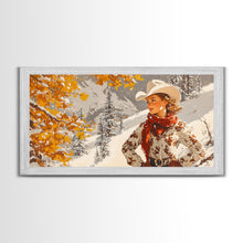 Cargar imagen en el visor de la galería, Charming Framed Canvas Print of a Cowgirl in Autumn Leaves, Perfect Fall Wall Decor and Gift Idea for Fans of Western Art Rustic Home Decor
