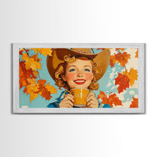 Load image into Gallery viewer, Cowgirl Having A Cup Of Joe, Framed Canvas Print, Farmhouse / Western Rustic Charm, Seasonal Art Piece to Warm Up Your Home Decor This Fall
