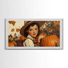 Load image into Gallery viewer, Cowgirl In A Pumpkin Patch, Framed Canvas Print, Retro Style Fall or Thanksgiving Wall Art, Farmhouse Decor, Christmas Wall Decor Gift
