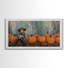 Load image into Gallery viewer, Cute Cowgirl In A Pumpkin Patch, Framed Canvas Print, Fall / Thanksgiving Decor, minimalist seasonal art for autumn or Christmas decor
