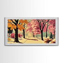 Carregar imagem no visualizador da galeria, Autumn Park Path Framed Canvas Print, Warm Fall Trees and Pathway Wall Art, Seasonal Fall Home Decor, Farmhouse Gift Idea, Holiday Wall Art
