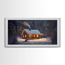 Load image into Gallery viewer, Cozy Cabin in Snow Framed Canvas Print, Winter Wonderland Scene Art, Rustic Christmas Decor, Holiday Wall Art, Seasonal Gift Idea
