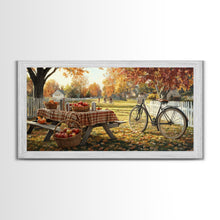 Load image into Gallery viewer, Autumn picnic with apples and plaid tablecloth, fall farmhouse decor, canvas print, country autumn art, autumn wall decor
