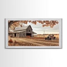 Cargar imagen en el visor de la galería, Farmhouse Autumn Decor Framed Canvas Print with Rustic Truck and Barn, Fall Country Art Wall Decor, Pumpkin Harvest Gift Idea Seasonal Decor
