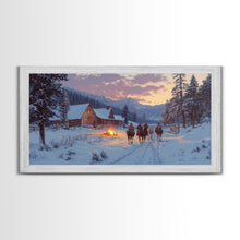 Load image into Gallery viewer, Cowboys and Log Cabin Winter Christmas Framed Canvas Print, Rustic Mountain Holiday Scene Art, Best Christmas Gift Idea, Winter Decor
