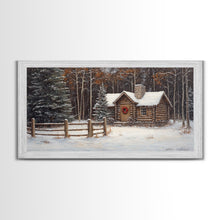 Load image into Gallery viewer, Snowy Log Cabin Christmas Framed Canvas Print, Rustic Winter Wonderland Art, Cozy Holiday Decor, Best Gift Christmas Wall Art
