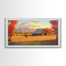Carregar imagem no visualizador da galeria, Autumn Cowboy Farm Framed Canvas Print, Cozy Fall Farmhouse Wall Art, Country Western Landscape Decor, Best Gift Seasonal Wall Art
