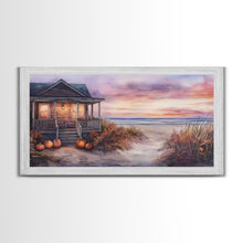 Cargar imagen en el visor de la galería, Rustic Beach Cottage Fall Scene Framed Canvas Print, Coastal Autumn Sunset Wall Art Ideal Autumn Gift, Seasonal Beach Decor
