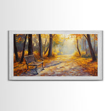 Carregar imagem no visualizador da galeria, Autumn Path Bench Framed Canvas Print, Serene Fall Landscape Wall Art, Cozy Farmhouse Decor, Seasonal Wall Art Gift Idea
