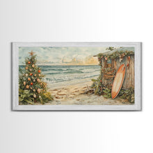 Load image into Gallery viewer, Christmas Tree Beside Rustic Beach House Coastal Holiday Scene Framed Canvas Print, Beach Christmas Wall Art And Decor
