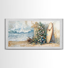 Cargar imagen en el visor de la galería, Coastal Christmas Scene Surfboards Christmas Tree Framed Canvas Print, Beach Holiday Decor Wall Art With Surfing Theme
