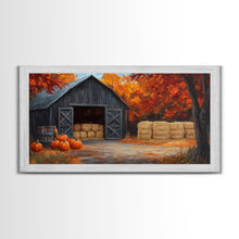 Cargar imagen en el visor de la galería, Fall Barnyard with Pumpkins Framed Canvas Print Farmhouse Decor, Fall Art Print, Rustic Home Decor, Seasonal Gift Wall Art
