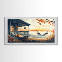 Load image into Gallery viewer, Cozy Autumn Porch with Pumpkins Framed Canvas Print, Warm Sunset Beach Scene Perfect Fall Seasonal Wall Art and Home Decor
