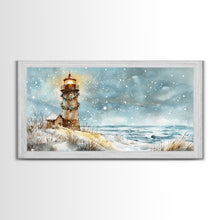 Load image into Gallery viewer, Coastal Christmas Lighthouse Decor Framed Canvas Print, Snowy Beach Scene with Holiday Wreath and Lighthouse Winter Wall Art
