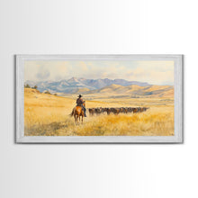 Load image into Gallery viewer, Cowboy On Snowy Path Framed Canvas Print Tall Art Winter Wonderland Western Christmas Decor Rustic Winter Wall Art Gift Cowboy Holiday Gift
