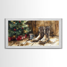 Cargar imagen en el visor de la galería, Christmas Cowboy Boots By Tree Framed Canvas Print Tall Art Rustic Western Christmas Decor Farmhouse Holiday Wall Art Cowboy Holiday Gift
