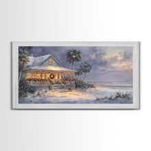 Cargar imagen en el visor de la galería, Christmas beach decor scene in tropical house with wreath and lights, Framed Canvas Print palm trees snow, winter art and holiday home decor
