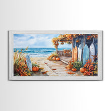 Carregar imagem no visualizador da galeria, Autumn surfboard porch decor scene, Framed Canvas Print with pumpkins and fall leaves on beach, autumn beach house wall art and decor piece
