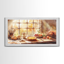 Load image into Gallery viewer, Thanksgiving table scene with food, pies and fall decor, Framed Canvas Print with pumpkins sunlight, autumn harvest home wall art and decor
