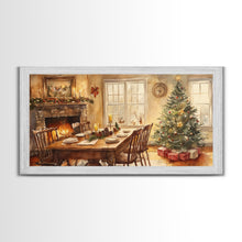Load image into Gallery viewer, Rustic Christmas dining room scene with a Christmas tree, Framed Canvas Print with a festive table warm fireplace, farmhouse holiday decor
