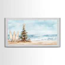 Carregar imagem no visualizador da galeria, Beach Christmas scene with surfboards and decorated tree, tropical holiday art framed canvas print, perfect coastal seasonal decor
