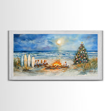 Cargar imagen en el visor de la galería, Christmas bonfire on the beach with surfboards and decorated tree, framed canvas print ideal tropical holiday wall art decor
