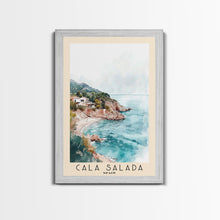 Carregar imagem no visualizador da galeria, Cala Salada, Spain Watercolor Beach Print, Vacation Gift, Spain Wall Art, Framed Canvas Print, Framed Beach Painting
