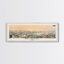 Cargar imagen en el visor de la galería, Belgrade Serbia Panoramic Travel Poster, Framed Canvas Print or Metal Wall Art, Travel Art, Home Decor, Panoramic Painting, Midcentury Art
