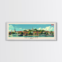 Cargar imagen en el visor de la galería, Belgrade Serbia Panoramic Travel Poster, Framed Canvas Print or Metal Wall Art, Travel Art, Home Decor, Panoramic Painting, Midcentury Art
