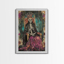 Cargar imagen en el visor de la galería, Skeleton King in Regal Throne Framed Canvas Print, Royalty Decor, Halloween Skeleton Art, Haunted Mansion Wall Art, Gothic Skeleton Print
