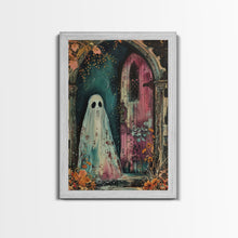 Load image into Gallery viewer, Ghostly Figure at Haunted Door Framed Canvas Print, Halloween Spirit Decor, Spooky Ghost Art, Haunted House Wall Art, Creepy Ghostly Print
