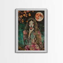 Load image into Gallery viewer, Ghostly Witch With Red Apple, Framed Canvas Print, Wall Art, Spooky Decor, Halloween Decoration, Living Room Art, Unique Gift
