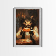 Load image into Gallery viewer, Halloween Werewolf Eating Hotdog, Framed Canvas Print, Wall Art, Spooky Artwork, Fantasy Decor, Halloween Decor, Whimsical Funny Halloween
