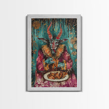 Carregar imagem no visualizador da galeria, A demon eating some hot wings - hope he didn&#39;t sell his soul for them they look pretty good! Halloween Wall Art Framed Canvas
