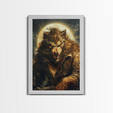 Carregar imagem no visualizador da galeria, Ferocious Werewolf Under Full Moon Framed Canvas Print | Halloween Monster Art | Spooky Werewolf Decor for Home | Intense Werewolf Artwork
