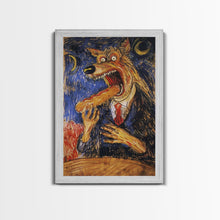 Carregar imagem no visualizador da galeria, Business Werewolf Eating a Hot Dog, Framed Canvas print, Funny Halloween Art, Spooky Season, The Scream Inspired Funny Art
