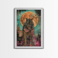 Load image into Gallery viewer, Fierce Werewolf with Blood Moon Framed Canvas Print | Halloween Monster Art | Spooky Werewolf Decor for Home | Intense Full Moon Artwork
